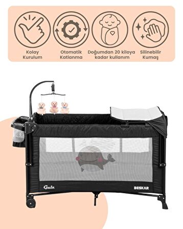 Gulz Beskar Anne Yanı Sallanır Cibinlikli Dönenceli Alt Açmalı Oyun Parkı Bebek Beşik 70X120 cm